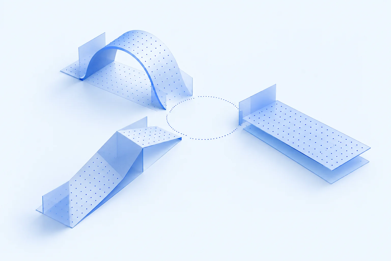 Three translucent pale-blue paths and a dotted cobalt plane rise toward a shared open space.