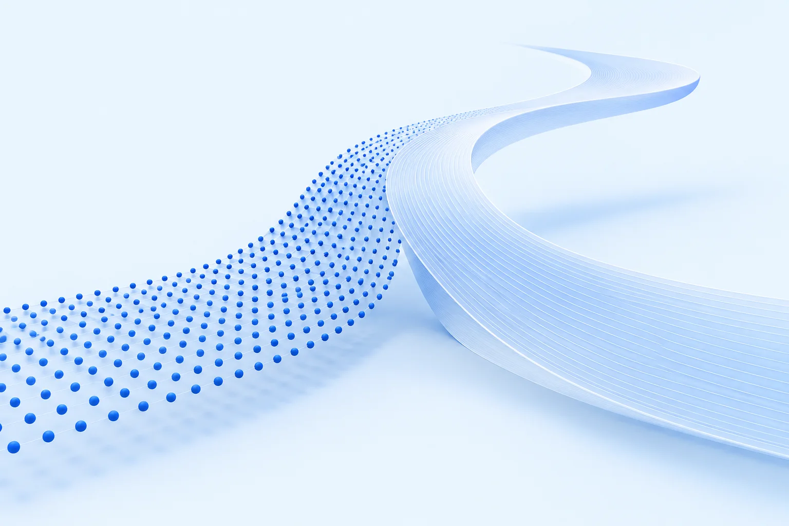 A blue dotted surface and a fine-lined translucent surface converge into a shared path.