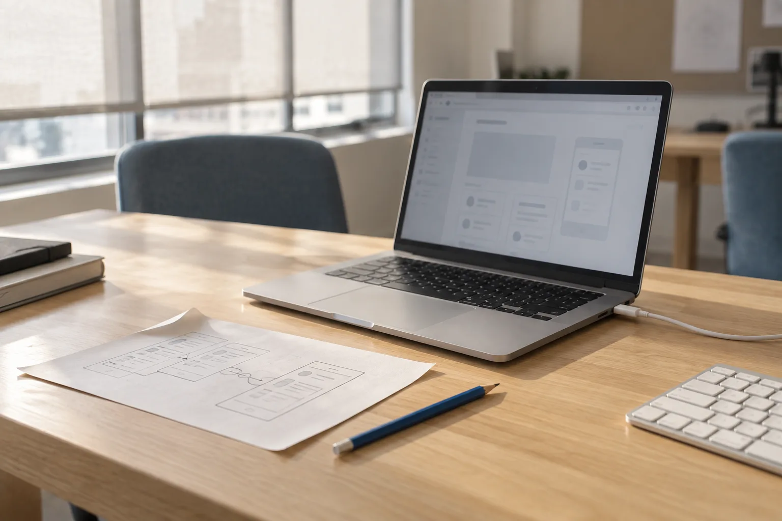 AI-generated placeholder of a laptop, sketches and pencil on a work desk.