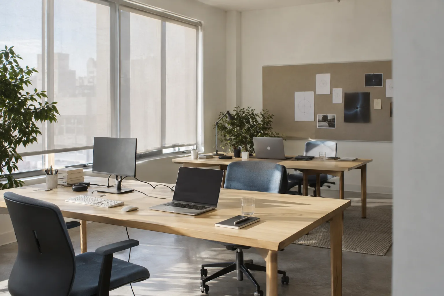 AI-generated placeholder of a small sunlit studio with oak desks and blue chairs.
